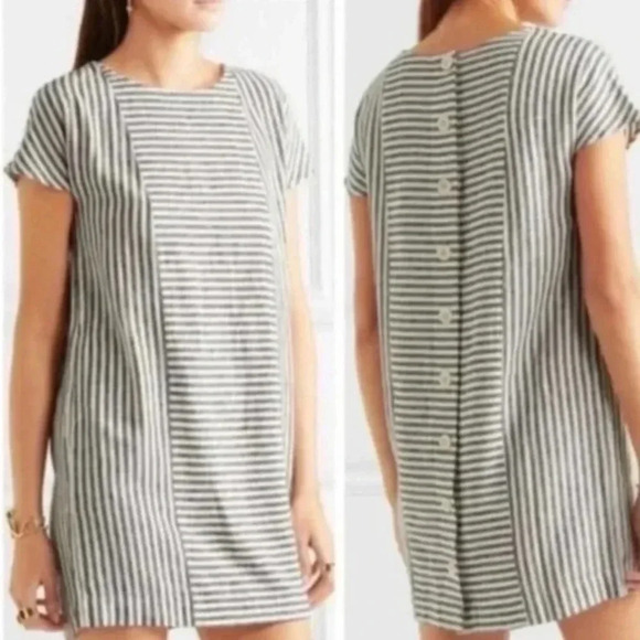 Madewell Dresses & Skirts - Madewell | Blue White Stripe Play Button Back Linen Blend Preppy Dress Size S